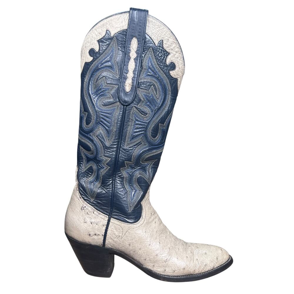 Vintage Garner Moss Ostrich Two Tone Grey Blue Leather Cowgirl Boots Size 6 A